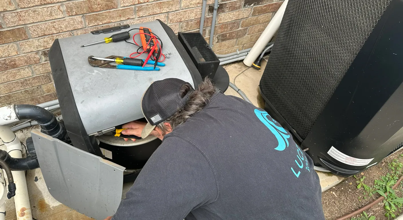 Technician reaching into an open pool pump, with hand tools and a meter on the lid, next to a pool heat pump