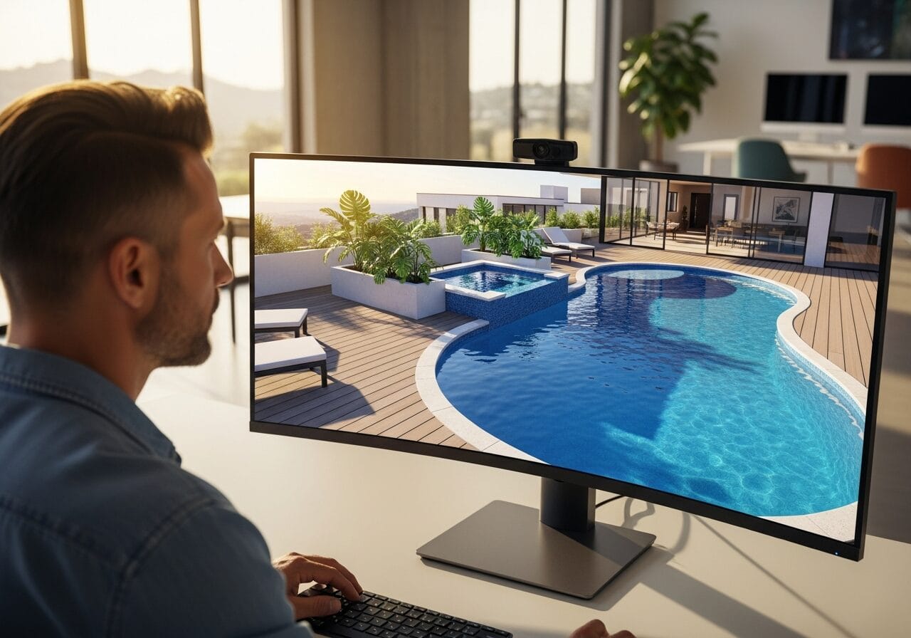 Photorealistic 3D rendering of a custom pool on a designer's screen