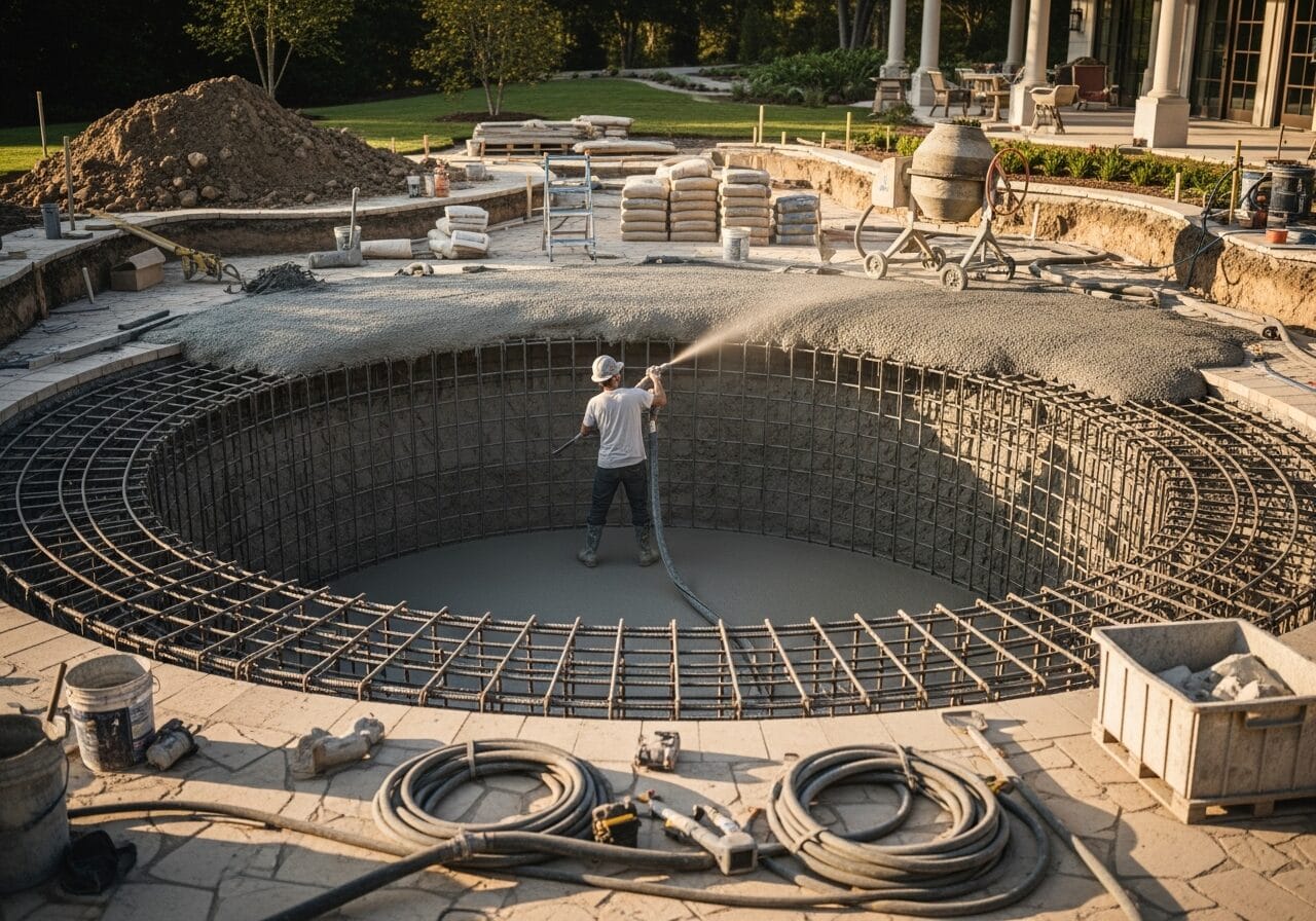 Gunite being sprayed over a steel rebar framework during pool construction