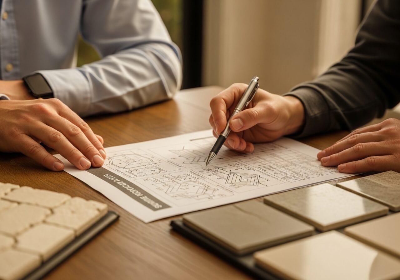 Reviewing a detailed Lucent Pools construction proposal with material samples