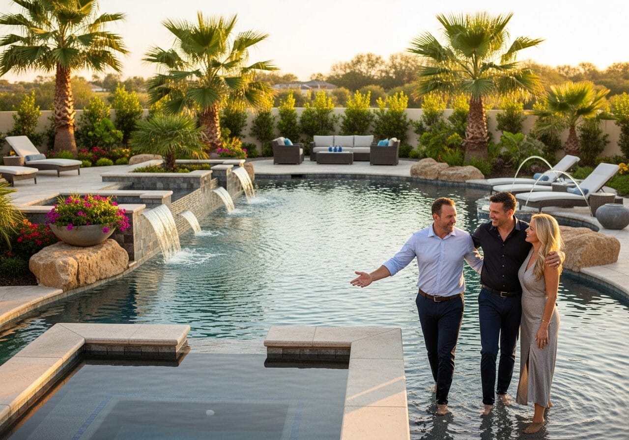 Lucent Pools builder walking homeowners through their completed backyard pool